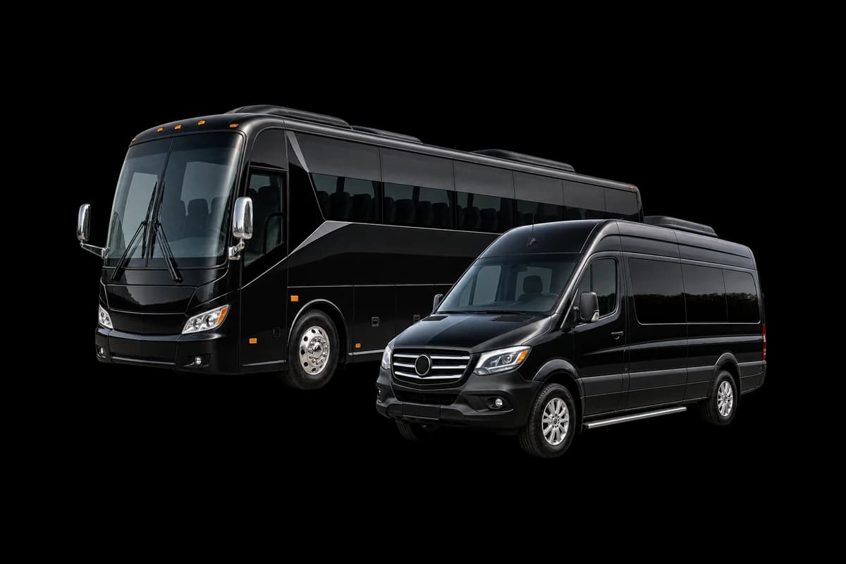 Black executive passenger van and black motor coach